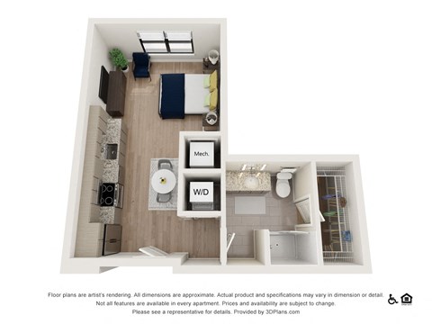 Floor plan for studio, 1 bath, 480 sqft